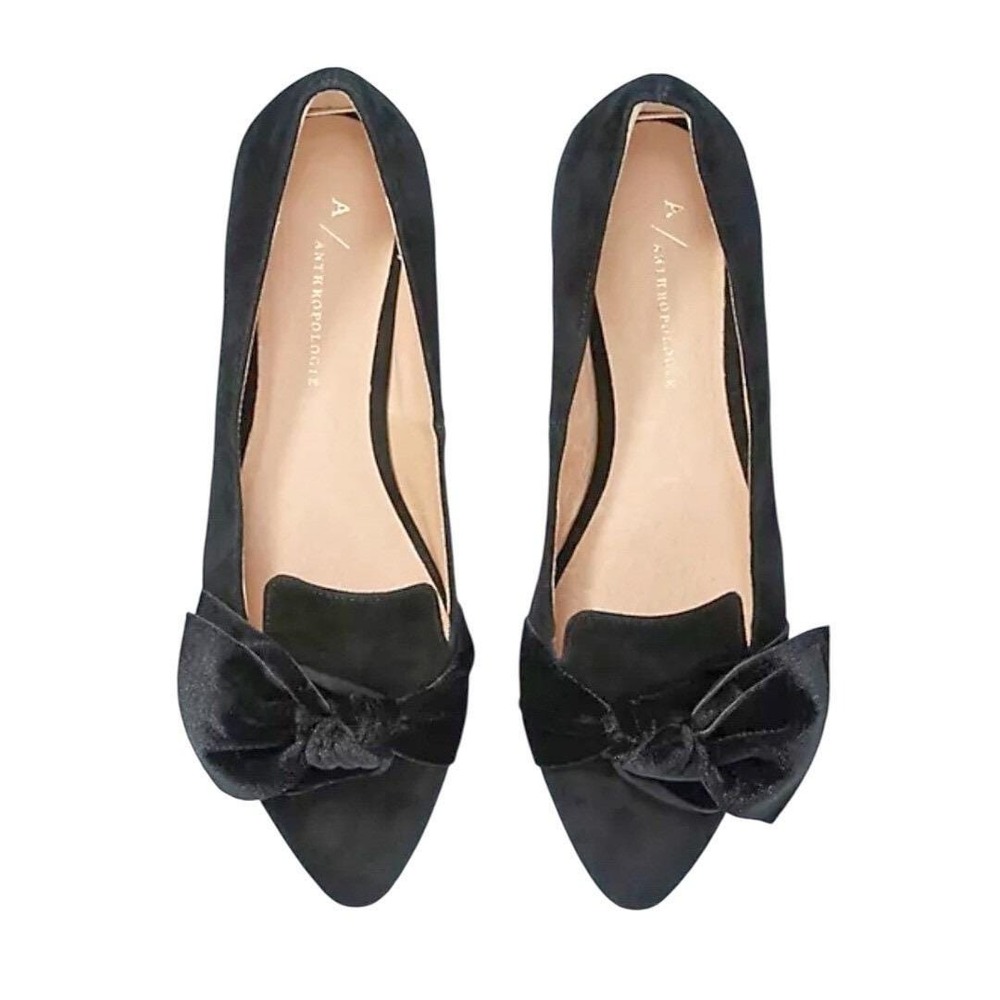 Anthropologie‎ Black Velvet Bow Pointed Toe Flats Women Size 7 US